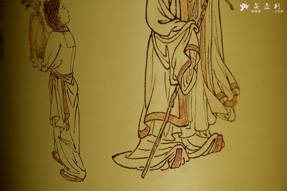 紫砂壶图片：张听刚笔筒 高士赏菊图 以刀代笔 行云流水 老辣精炼 - 美壶网