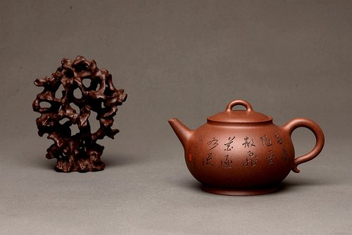 张听钢紫砂壶 俊秀之作 清悟 张听刚精心装饰   原矿紫泥