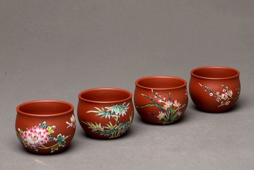 美壶定制紫砂壶 美壶特惠 梅兰竹菊点彩一套精致品茗杯 自用送礼佳品 原矿朱泥