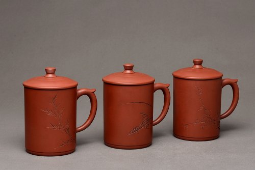 陆轶舟紫砂壶 格调雅玩 陆轶舟老师精刻~梅 兰 竹 好料盖杯  原矿清水泥