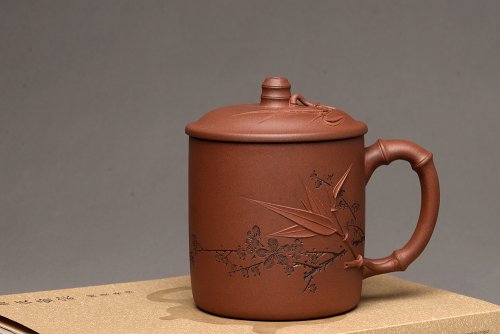 陆轶舟紫砂壶 格调雅玩 陆轶舟老师精刻 居不可无竹~好料竹节盖杯 原矿清水泥