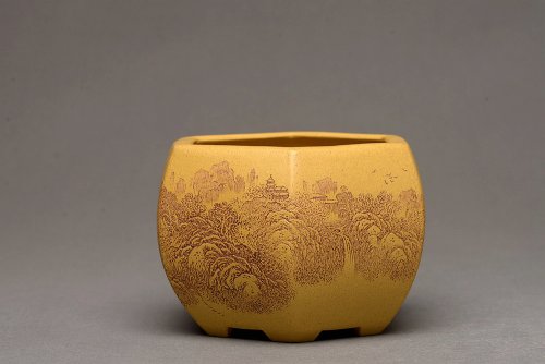 李彦雄紫砂壶 李彦雄精刻山水~全手六方水盂 笔洗  把玩精品 原矿段泥