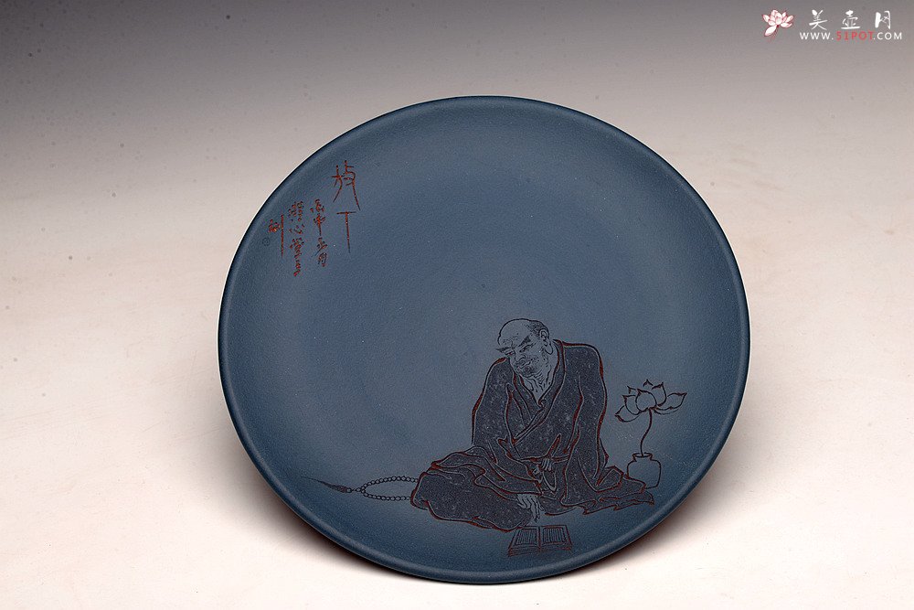 紫砂壶图片：美壶特惠 游心堂主人精刻 文气工笔罗汉系列 干泡台 文盘 送礼自玩佳品 - 美壶网