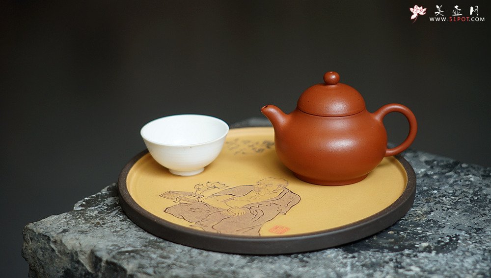 紫砂壶图片：美壶特惠 游心堂主人精刻 文气工笔罗汉系列 干泡台 文盘 送礼自玩佳品 - 美壶网