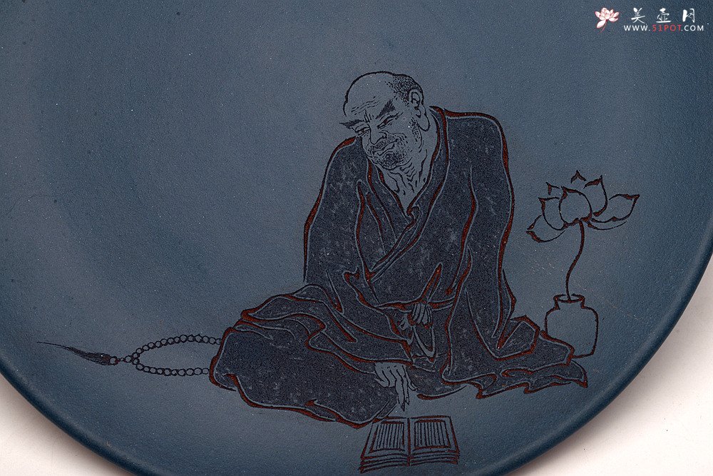 紫砂壶图片：美壶特惠 游心堂主人精刻 文气工笔罗汉系列 干泡台 文盘 送礼自玩佳品 - 美壶网