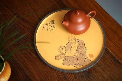 美壶定制紫砂壶 美壶特惠 游心堂主人精刻 文气工笔罗汉系列 干泡台 文盘 送礼自玩佳品 