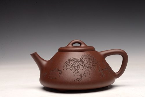 周路健紫砂壶 劲骨之瓢 全手摹古石瓢 张听刚刻绘刀法精炼 古韵流长 原矿紫泥
