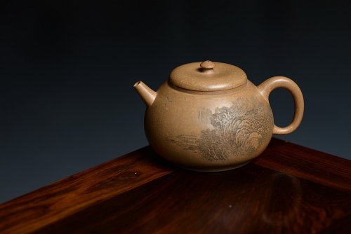 李彦雄紫砂壶 摹古明式 优质老段泥 文气十足 细刻通景山水之全手圆韵 老段泥