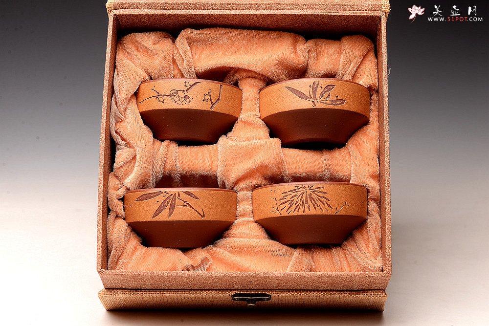 紫砂壶图片：粉浆宝盆杯  以底槽清打底粉段泥 梅兰竹菊套杯 文气古朴 精致实用 - 美壶网