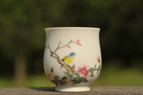 古月山房紫砂壶 新彩玉光白釉花鸟2 景德镇主人杯 