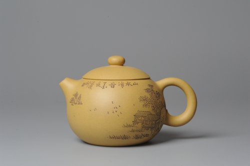 唐文紫砂壶 助工袁德波精心装饰通景山水 双助工联袂西施壶 本山绿泥