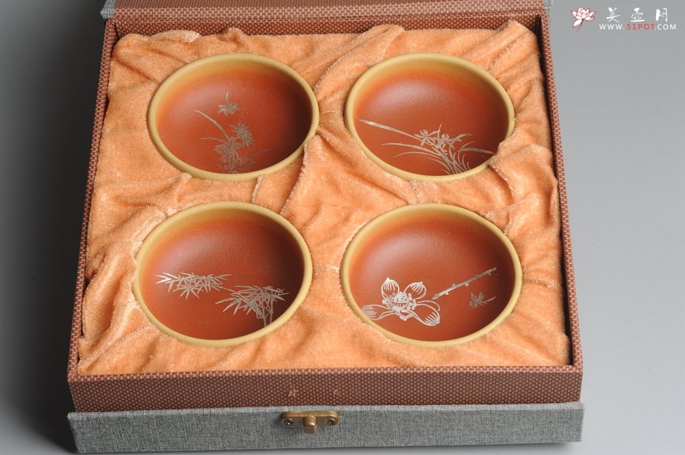 紫砂壶图片：美杯特惠 描银文气梅兰竹菊一套（4只） - 美壶网