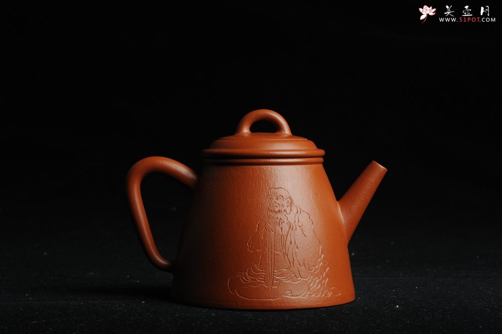 紫砂壶图片：优质朱泥全手工汉瓦二式 方健双刀文气装饰禅心图 超漂亮 - 美壶网