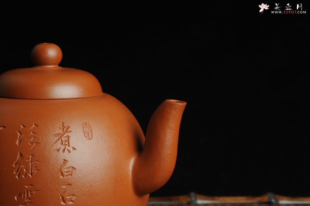 紫砂壶图片：优质赵庄朱泥全手工明式思裕  方健双刀文气装饰禅心图 - 美壶网