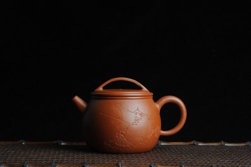 石老师紫砂壶 优质赵庄朱泥全手工汉瓦 方健双刀文气装饰独钓寒江图 原矿朱泥