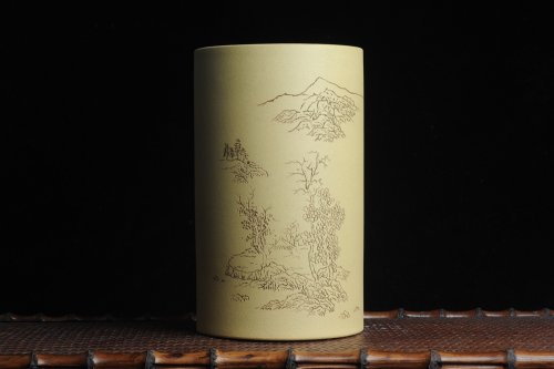 纪岳紫砂壶 美筒特惠 精品山水高帽笔筒五式  老师不打草稿直接空刻 一气呵成 原矿段泥