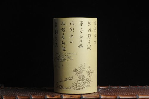 纪岳紫砂壶 美筒特惠 精品山水高帽笔筒六式 偶来独坐碧溪头 石涧茅亭白日幽 老师不打草稿直接空刻 一气呵成 原矿段泥