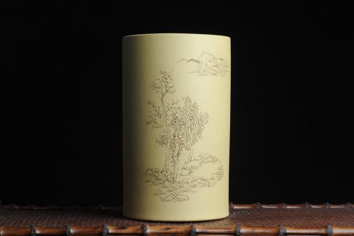 纪岳紫砂壶 美筒特惠 精品山水高帽笔筒三式 山高月小 水落石出 老师不打草稿直接空刻 一气呵成 原矿段泥