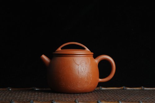 石老师紫砂壶 优质赵庄朱泥全手工汉瓦 方健双刀文气装饰静心罗汉图 原矿朱泥