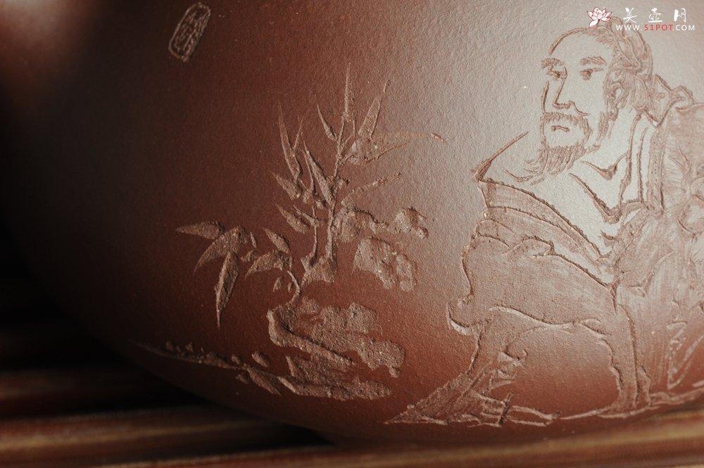 紫砂壶图片：贺岁新品 优质紫茄泥全手工高士竹图 风清气正满瓢 - 美壶网