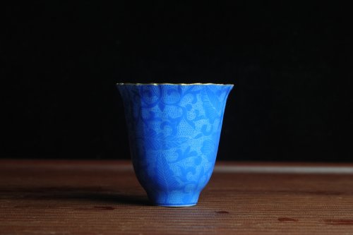 美壶定制紫砂壶 纯手工景德镇摹古雍正蓝色扒花杯 灰常精致 送女友老婆 适合女士 