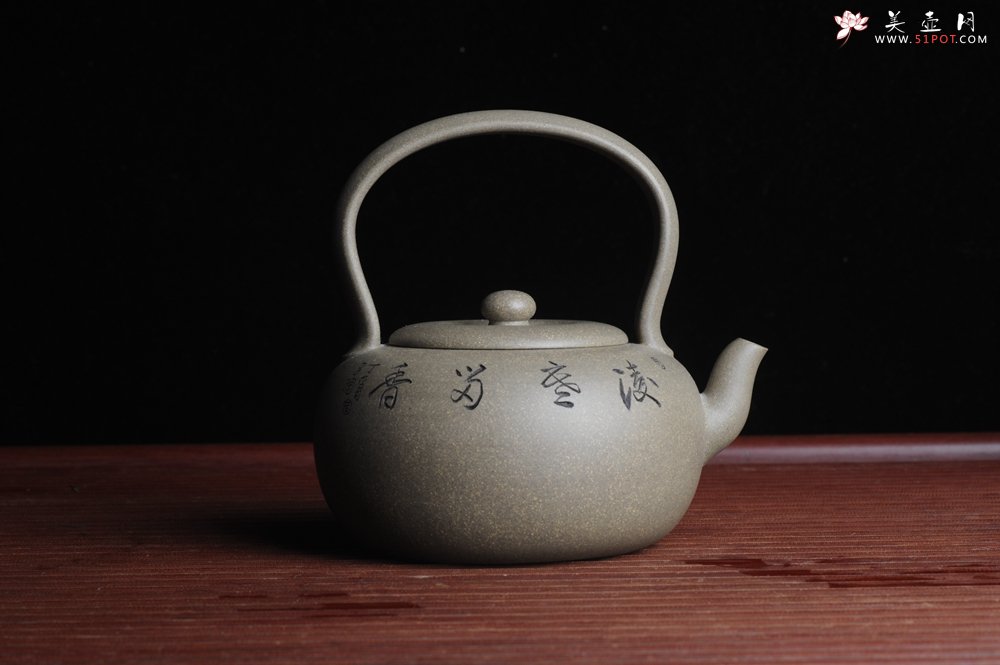 紫砂壶图片：美壶特惠 老青段 精工慧泉提梁 子陶刻铁骨寒梅鸟 - 美壶网