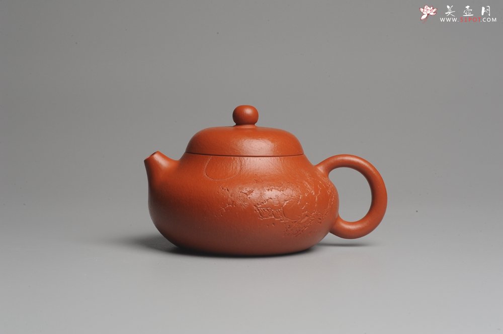 紫砂壶图片：优质赵庄朱泥全手工文旦 方健双刀文气装饰 - 美壶网