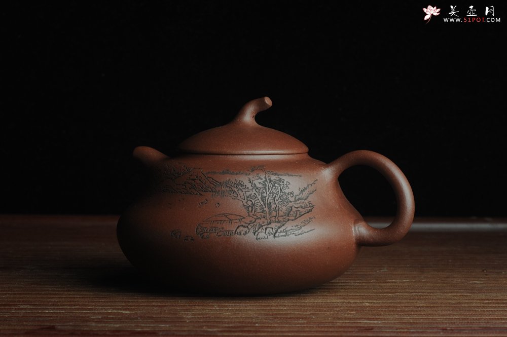 紫砂壶图片：美壶特惠 文气葫芦（福禄）壶 装饰山水 松风竹炉 - 美壶网