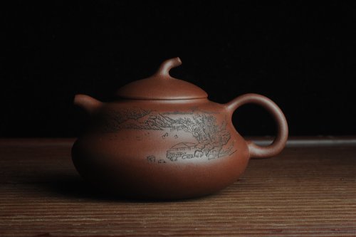 美壶定制紫砂壶 美壶特惠 文气葫芦（福禄）壶 装饰山水 松风竹炉 原矿紫泥