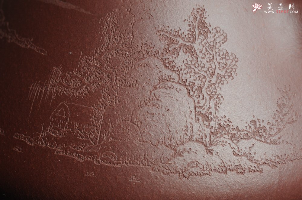 紫砂壶图片：油润底曹青 全手工精品老子冶石瓢 骨肉匀挺 清茗堂助工文气装饰山水 - 美壶网