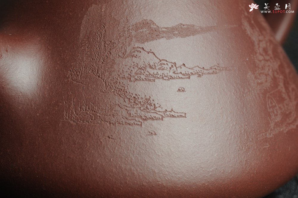 紫砂壶图片：油润底曹青 全手工精品老子冶石瓢 骨肉匀挺 清茗堂助工文气装饰山水 - 美壶网