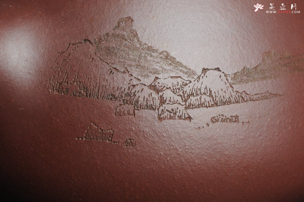 紫砂壶图片：美壶特惠 经典平盖小石瓢 满瓢（景舟石瓢）子木刻绘山水 - 美壶网