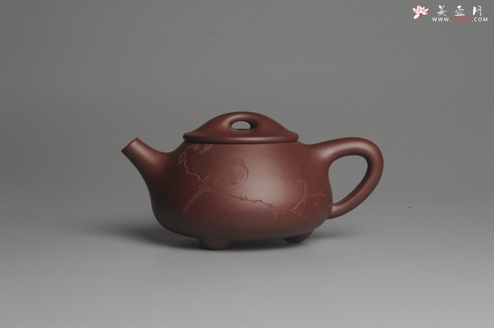 紫砂壶图片：美壶特惠 经典平盖小石瓢 满瓢（景舟石瓢）子木刻绘枯枝鸟 - 美壶网