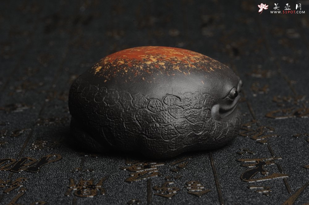 紫砂壶图片：美宠特惠 回馈壶友 精致性价比黑泥彩背金蟾盖托茶宠长8cm高度4cm左右 - 美壶网