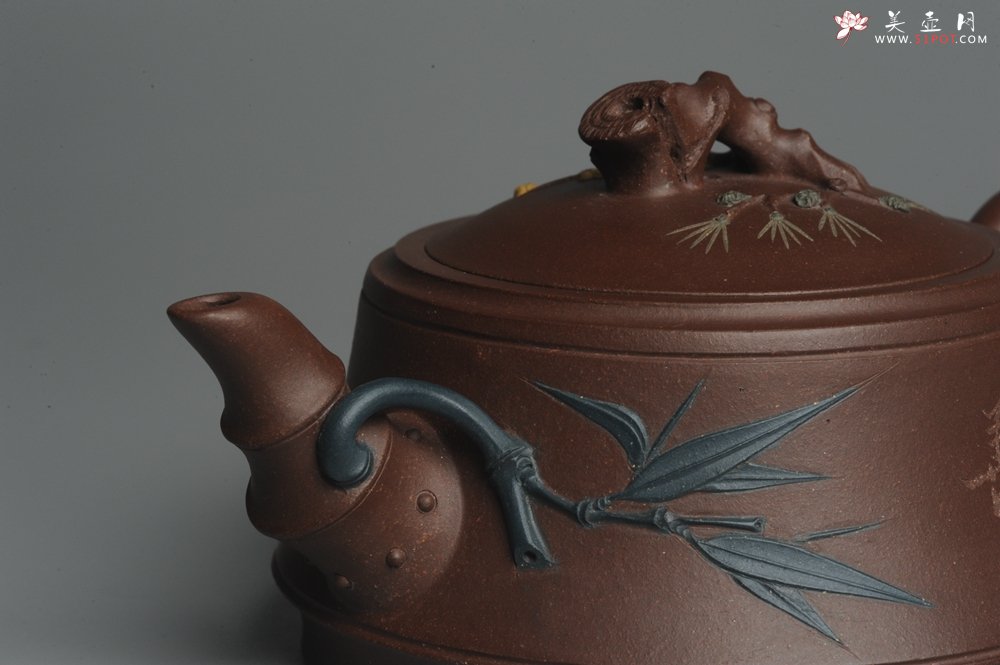 紫砂壶图片：美壶特惠 精工岁寒三友松竹梅 嵌盖难度大 文气雅致 - 美壶网