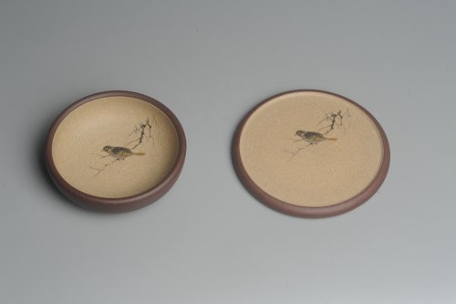 美壶定制紫砂壶 款式二 美杯美垫特惠 精致彩绘泥绘花鸟品茗杯主人杯 杯垫一套 灰常漂亮 原矿紫泥