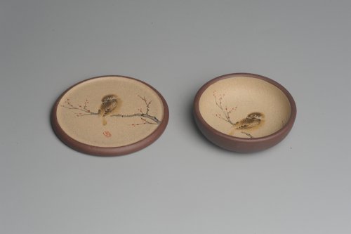 美壶定制紫砂壶 款式一 美杯美垫特惠 精致彩绘泥绘花鸟品茗杯主人杯 杯垫一套 灰常漂亮 