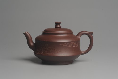 美壶定制紫砂壶 美壶特惠 油润调砂紫泥精致扁石壶 雅刻山水 原矿紫泥