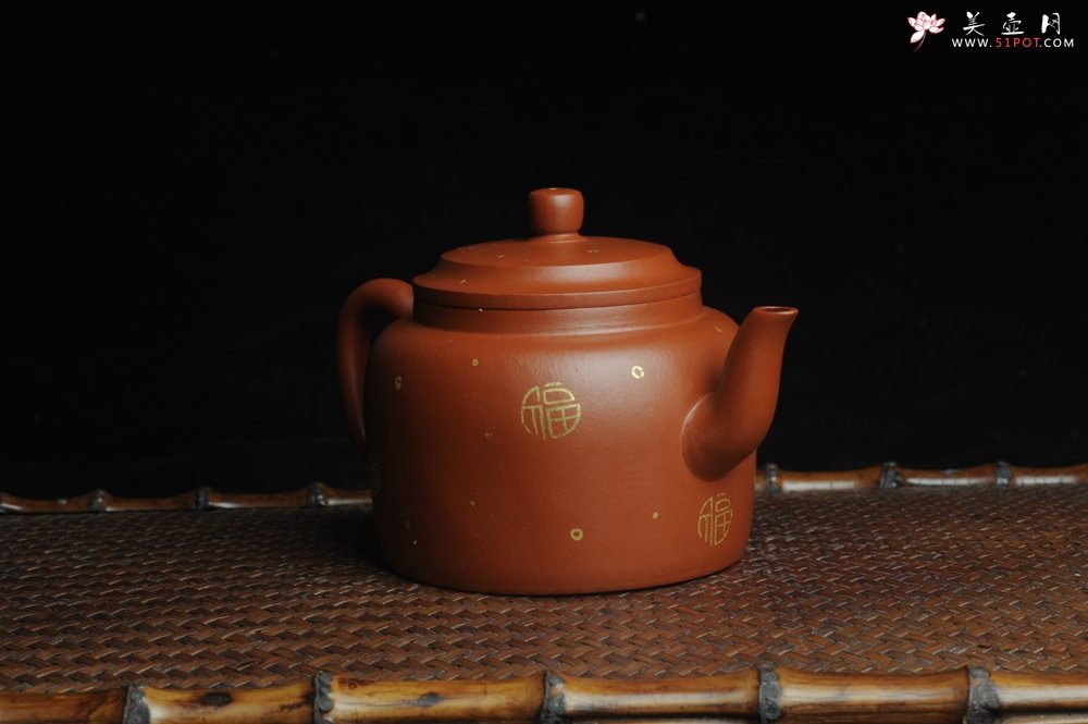 紫砂壶图片：特好朱泥全手工描金平盖古莲子 - 美壶网