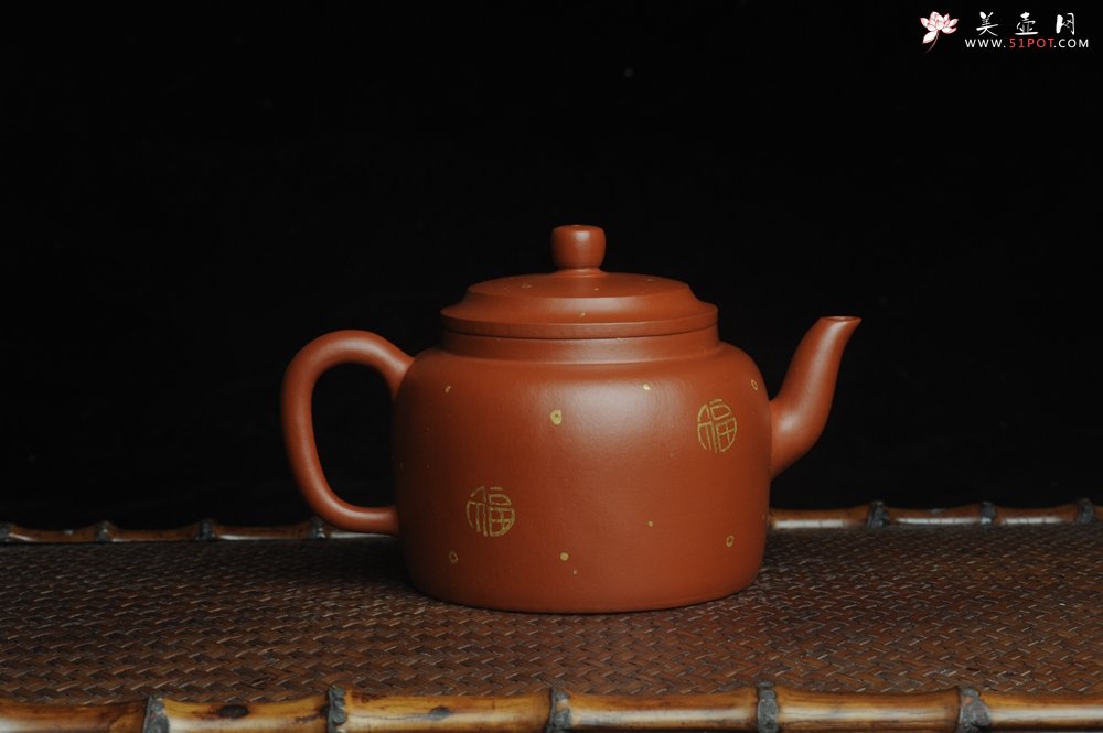 紫砂壶图片：特好朱泥全手工描金平盖古莲子 - 美壶网