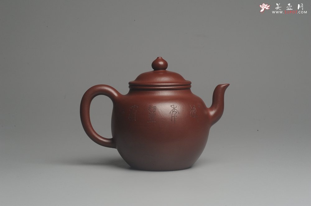 紫砂壶图片：油润黄龙山4号深井红皮龙 全手工高灯壶 清茗堂助工文气装饰龟寿图 延年益寿 - 美壶网