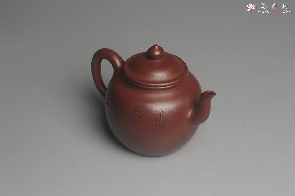 紫砂壶图片：油润黄龙山4号深井红皮龙 全手工高灯壶 清茗堂助工文气装饰龟寿图 延年益寿 - 美壶网