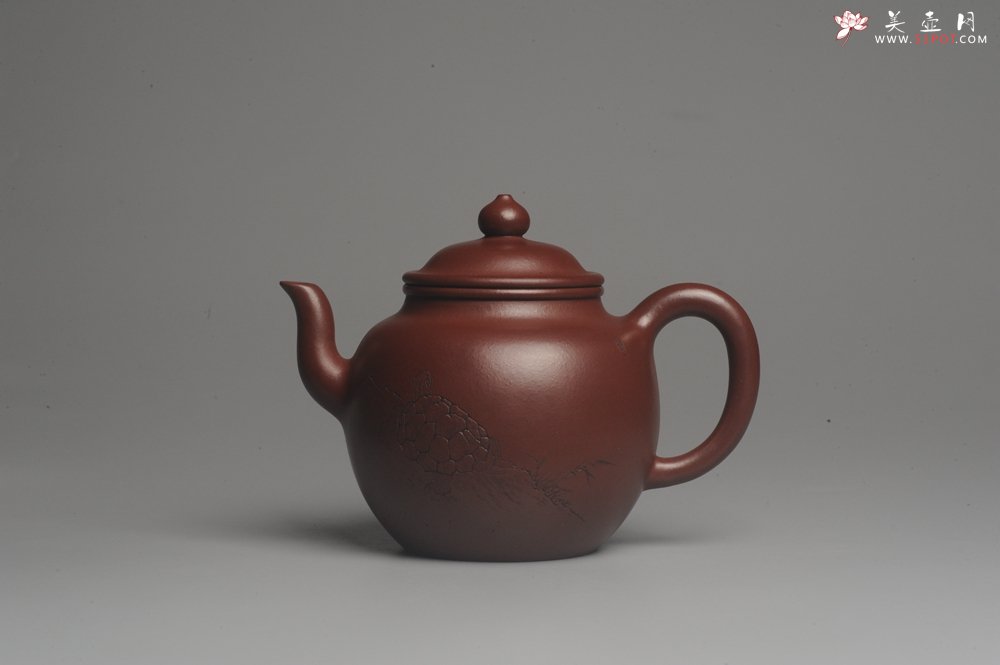 紫砂壶图片：油润黄龙山4号深井红皮龙 全手工高灯壶 清茗堂助工文气装饰龟寿图 延年益寿 - 美壶网