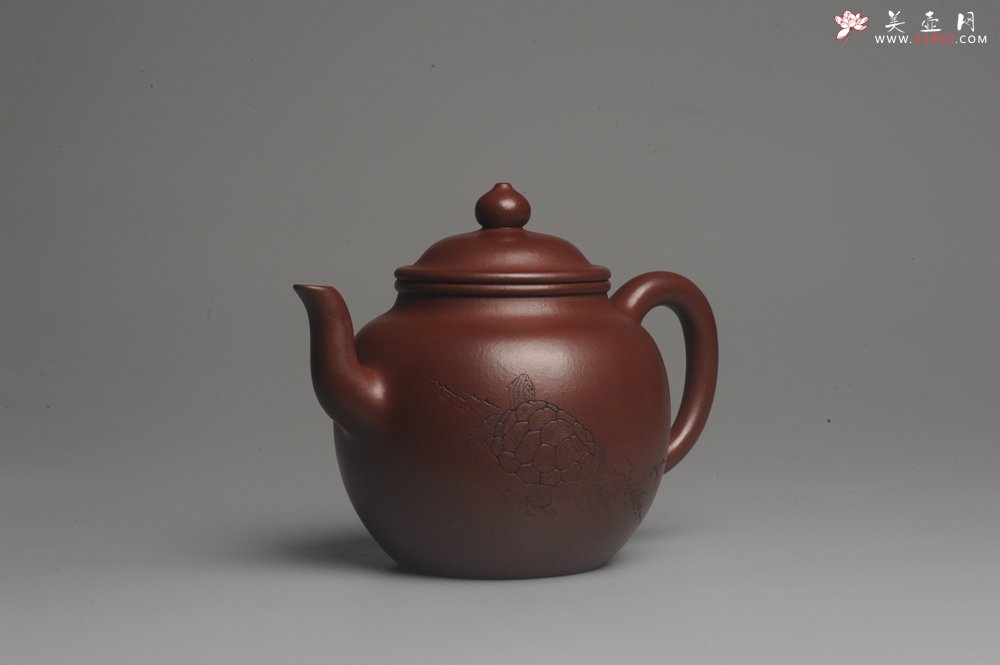 紫砂壶图片：油润黄龙山4号深井红皮龙 全手工高灯壶 清茗堂助工文气装饰龟寿图 延年益寿 - 美壶网
