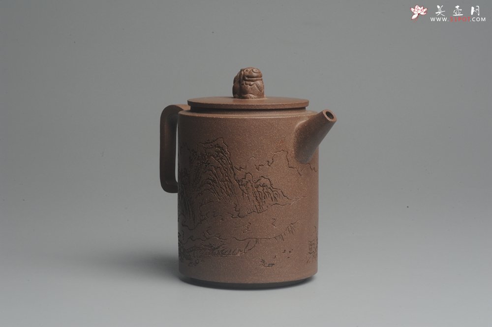 紫砂壶图片：美壶特惠 优质老段文人集狮壶 通景山水 灰常雅致 - 美壶网