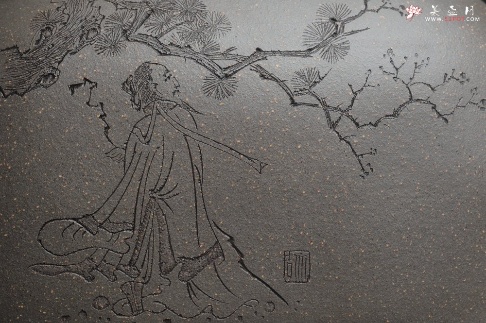 紫砂壶图片：精品特惠 助工老青段精品瑞兽双耳罐 茶仓 茶叶罐 水洗 烟灰缸 松下高士图 - 美壶网