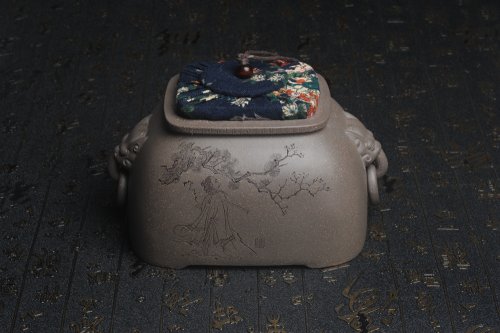 美壶定制紫砂壶 精品特惠 助工老青段精品瑞兽双耳罐 茶仓 茶叶罐 水洗 烟灰缸 松下高士图 