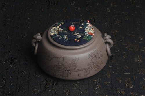 美壶定制紫砂壶 精品特惠 助工老青段精品瑞兽双耳罐 茶仓 茶叶罐 水洗 烟灰缸 神鸟图 