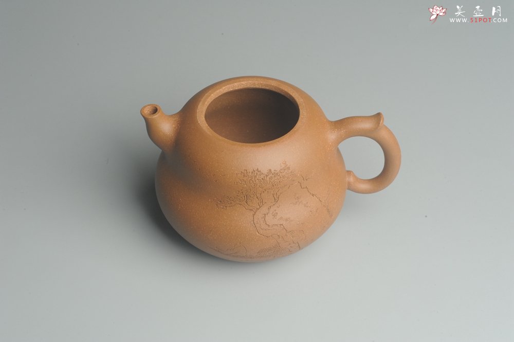 紫砂壶图片：美壶特惠 特好降坡泥精工葫芦壶(福禄) 装饰山水 灰常文气 - 美壶网
