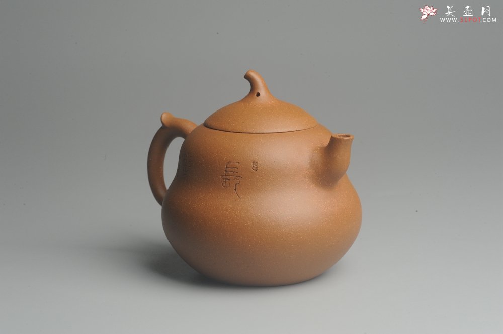 紫砂壶图片：美壶特惠 特好降坡泥精工葫芦壶(福禄) 装饰山水 灰常文气 - 美壶网